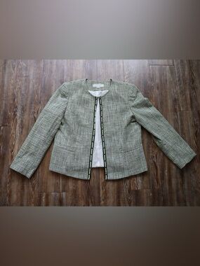 Tahari Arthur S. Levi Womens Tweed Studded Trim Open Front Coat Blazer Jacket 14